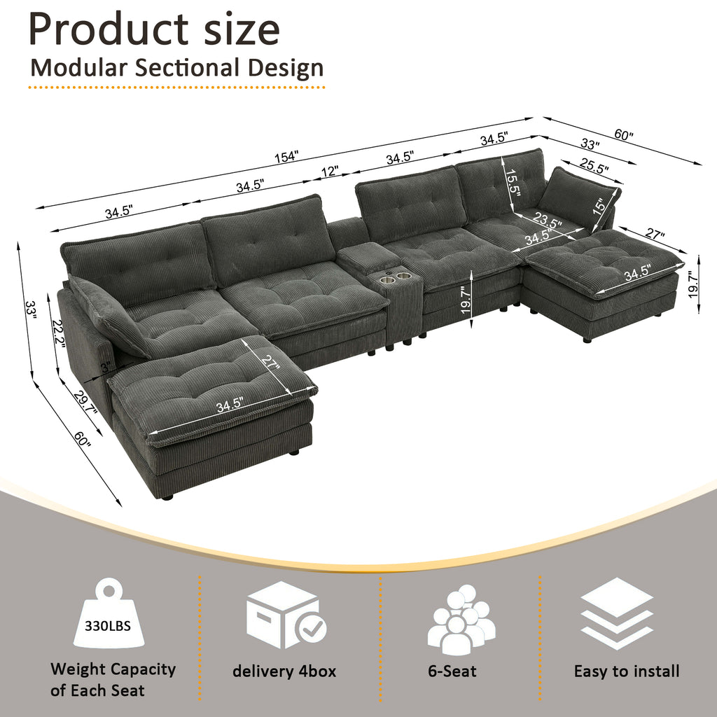 U-shaped gray corduroy cloud couch with two freestanding ottomans top view