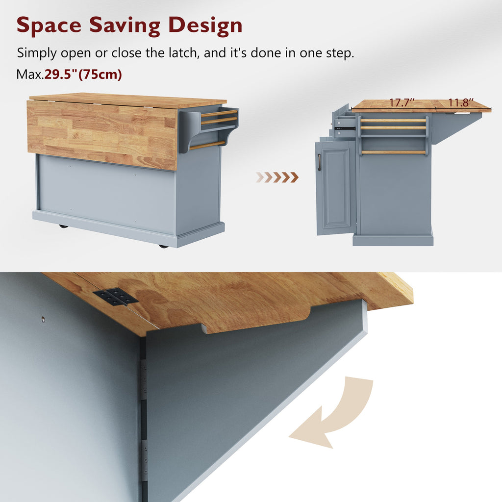 K&K 54inch Large Kitchen Island with Rubber Wood Drop Leaf, Embossed Texture Rolling Kitchen Cart on 4 Wheels with 4 Doors and 3 Drawers, Kitchen Island with Storage for Kitchen, Dining Room,Black