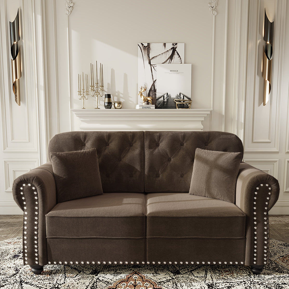 63'Upholstered Velvet Sofa with Nailhead Trim and Rolled Armrests,Mid-Century Modern Chesterfield Sofa with Button Tufted,Includes 2 Pillows,Beige/White