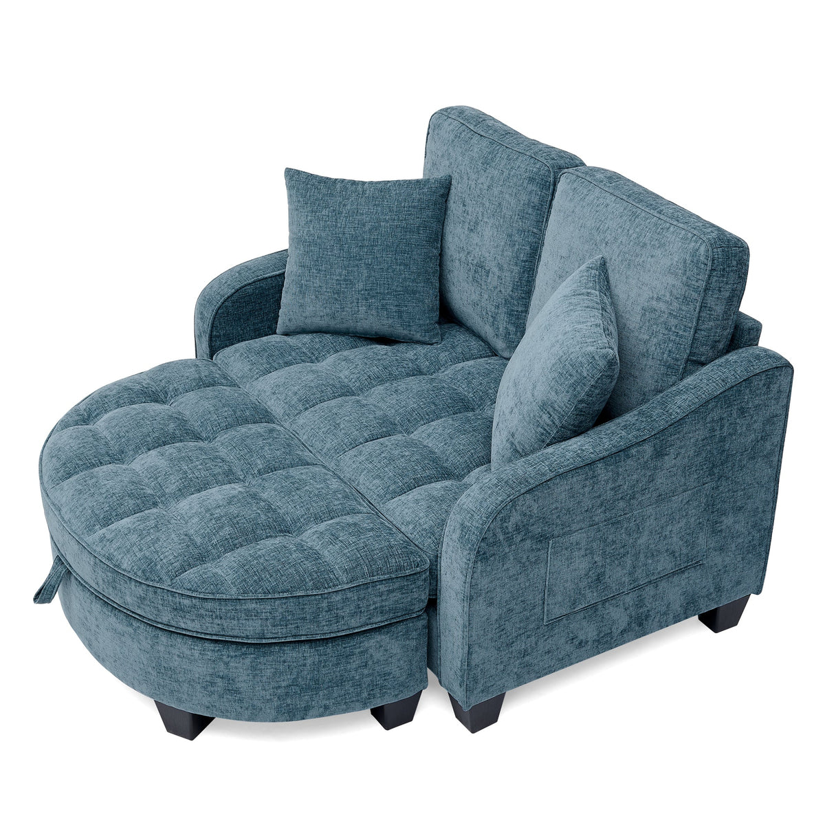 Two-seater sofa, double sofa chaise longue, with irregular armrests and backrests, footrest with storage space, comes with two small throw pillows, suitable for living room and bedroom -Blue