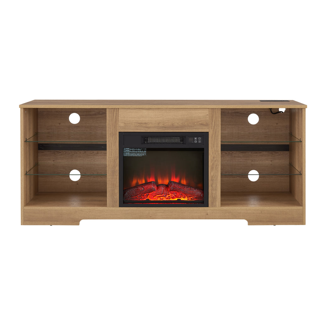 Oak TV stand with electric fireplace in living room setting