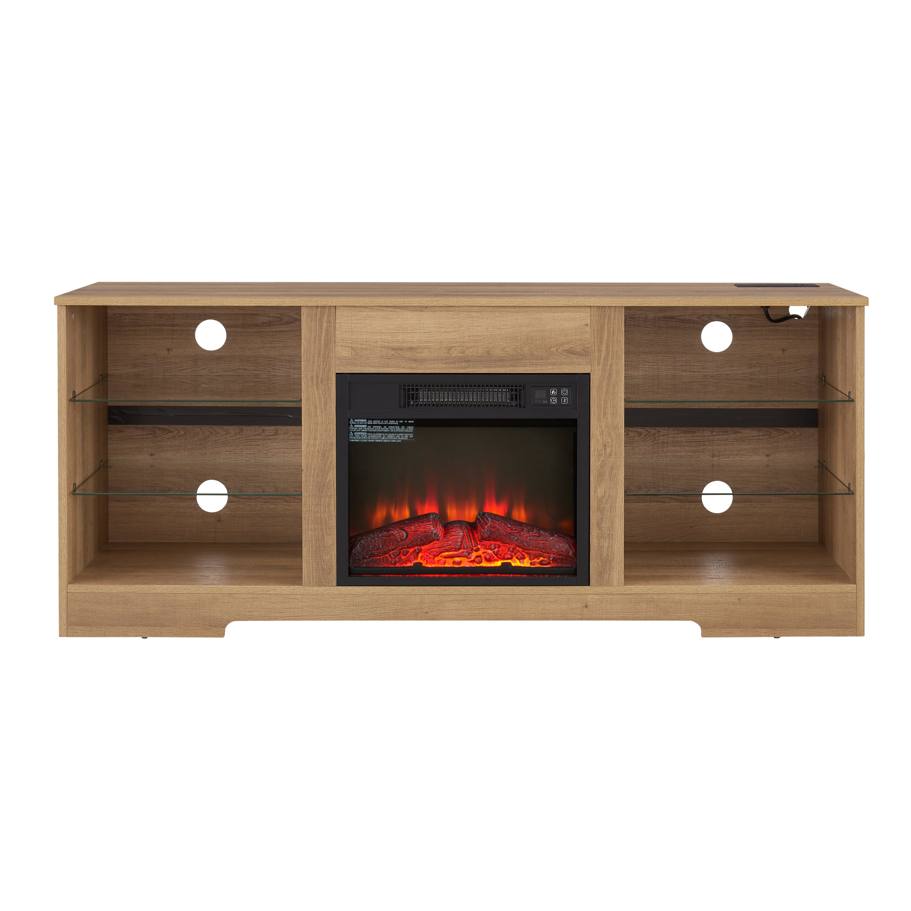 Oak TV stand with electric fireplace in living room setting