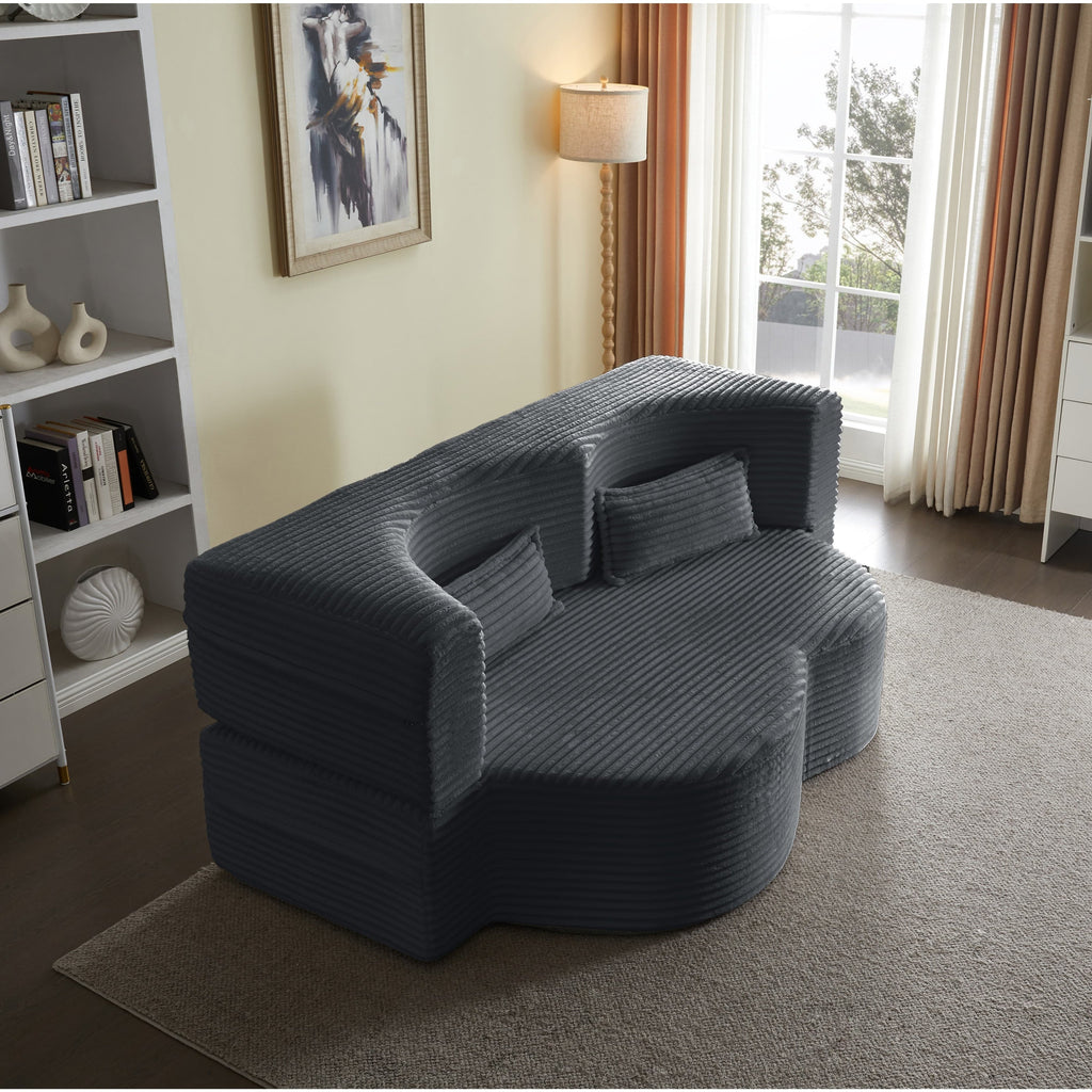 Modern Floor Sofa with 2 Pillows, Convertible Plush Corduroy Foam-Filled Sleeper Sofa Bed,15 ' Full Size Folding Mattress for Living Room, Guest Bed, no assembly required, Light Grey