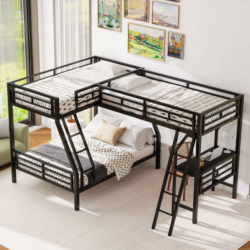 L-shaped bunk bed with slide and loft bed in kids bedroom setting
