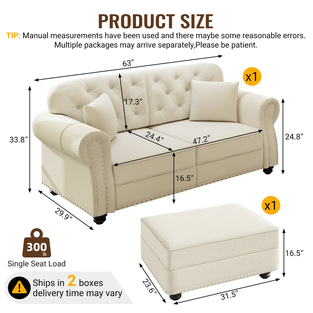 63'Upholstered Velvet Sofa with Nailhead Trim and Rolled Armrests,Mid-Century Modern Chesterfield Sofa with Button Tufted,Includes 2 Pillows,Beige/White