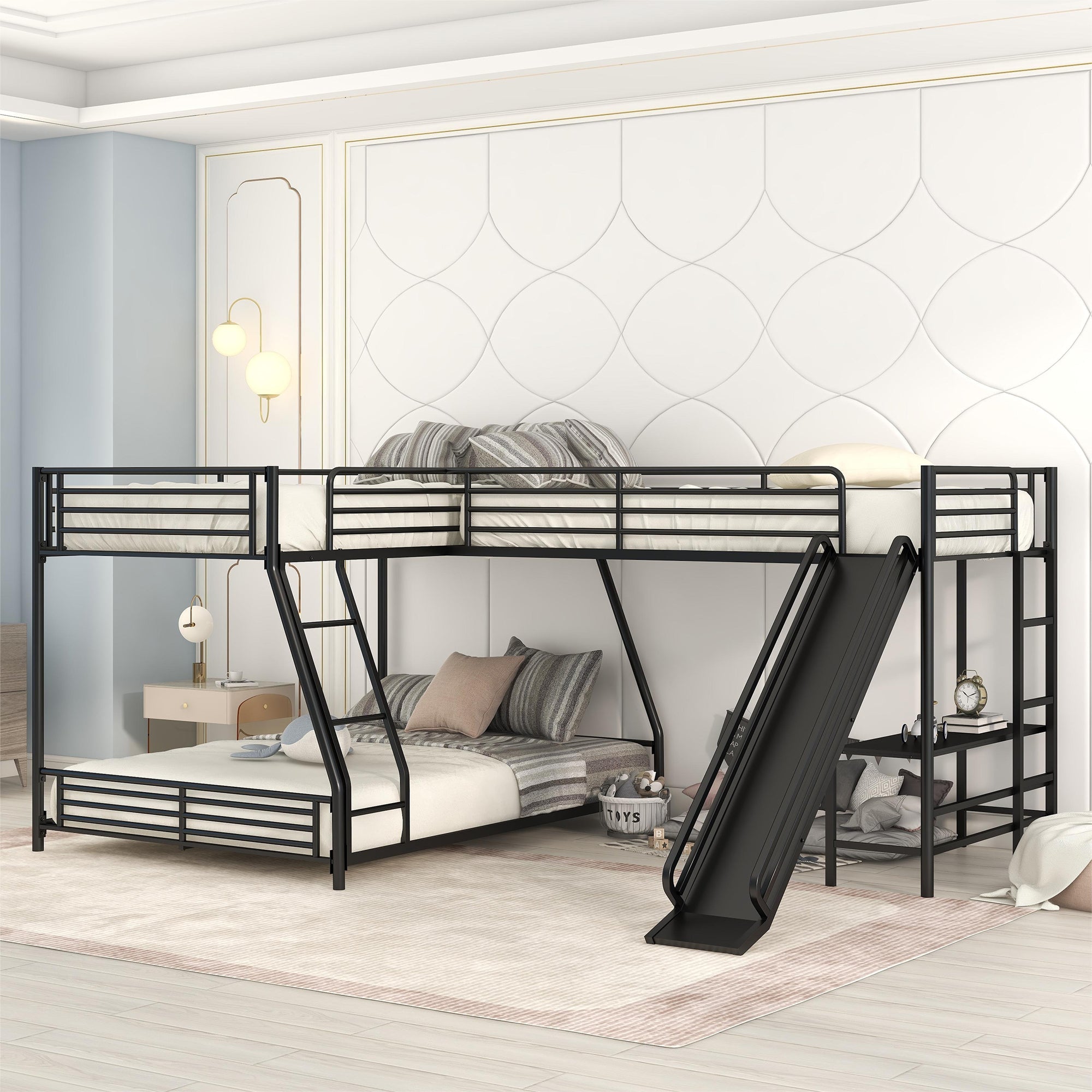 Black L-Shaped Twin over Full Bunk Bed with Twin Loft, Desk & Slide — Metal & MDF