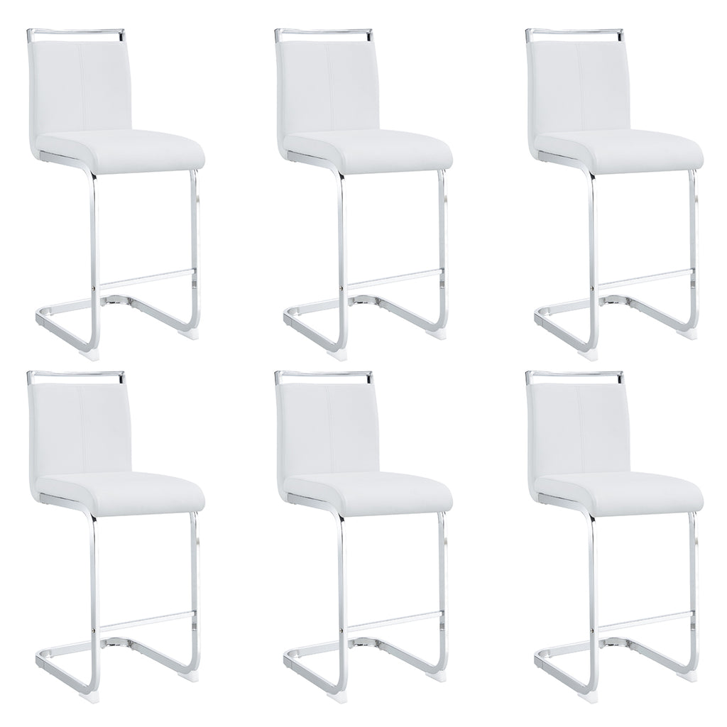 Modern PU leather upholstered bar chair with C-tube chrome metal legs, suitable for restaurants, kitchens, terraces, and guest office chairs (set of 6) (white+PU)