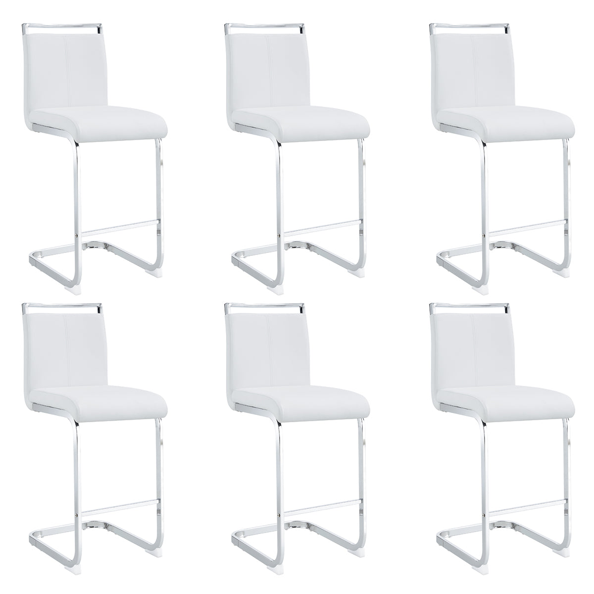 Modern PU leather upholstered bar chair with C-tube chrome metal legs, suitable for restaurants, kitchens, terraces, and guest office chairs (set of 6) (white+PU)