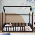 Twin Size House Floor Bed with Roof Frame ,Pine Wood Floor Bed with Safety Guardrails,Espresso