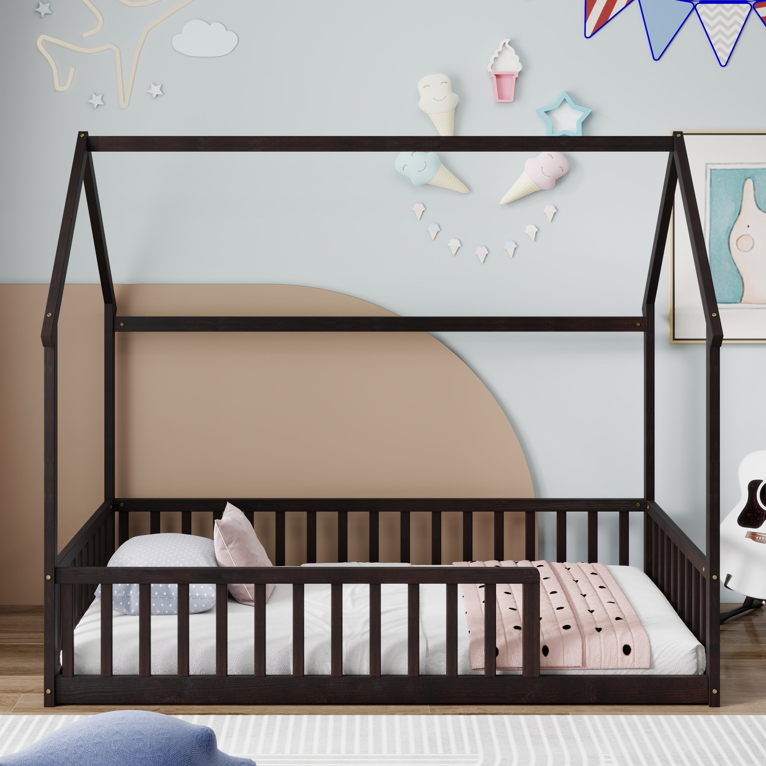Twin Size House Floor Bed with Roof Frame ,Pine Wood Floor Bed with Safety Guardrails,Espresso