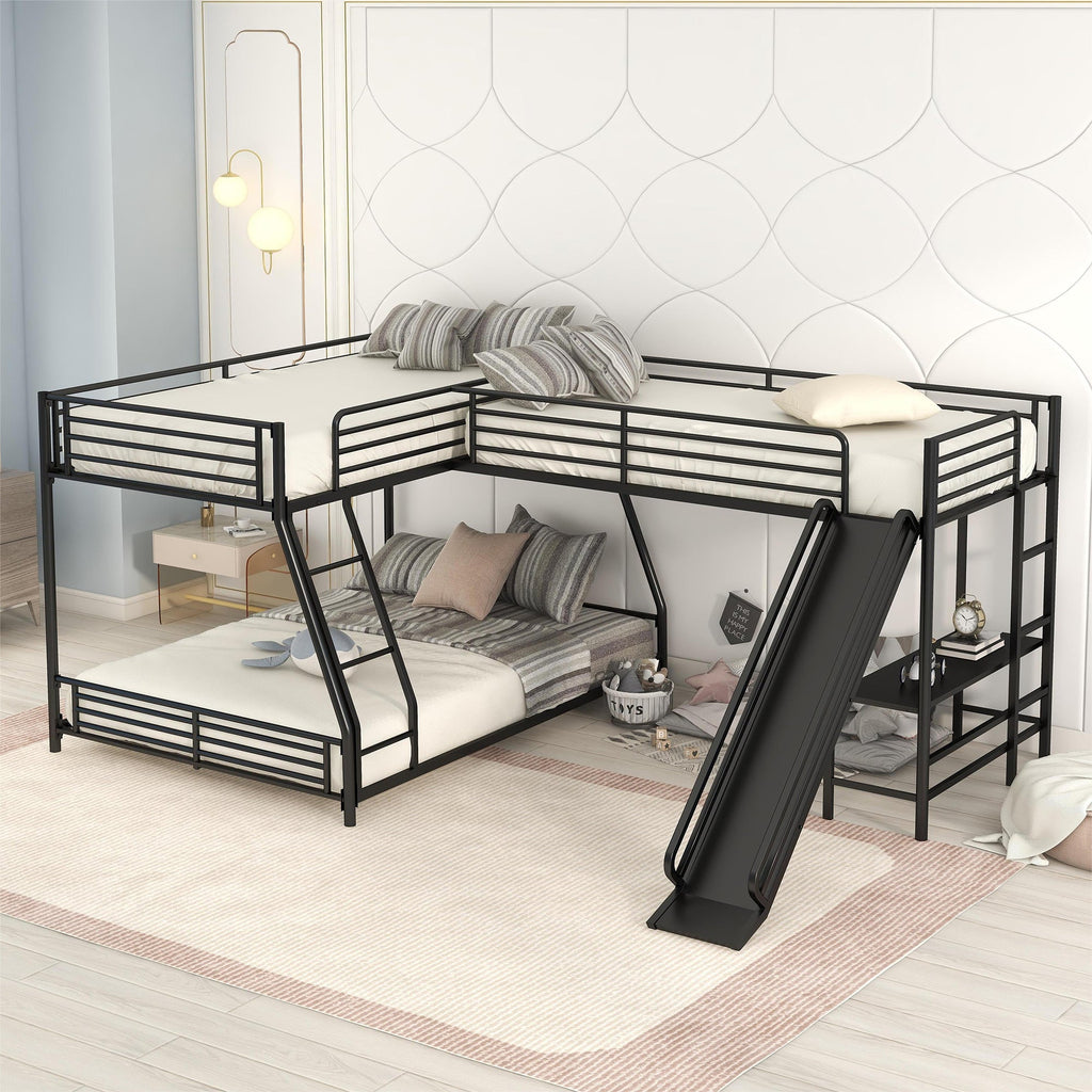 Black L-Shaped Twin over Full Bunk Bed with Twin Loft, Desk & Slide — Metal & MDF