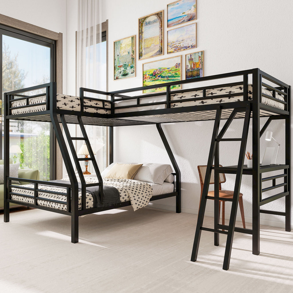 L-shaped bunk bed with loft built-in desk and slide in black metal — angle view