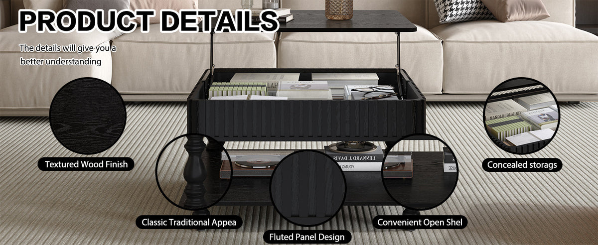 31.5 Inch Square Fluted Lift-Top Coffee Table with Hidden & Open Storage, Hydraulic Raising Mechanism, Retro Solid Wood Legs for Living Room, Sofa (Natural Wood)