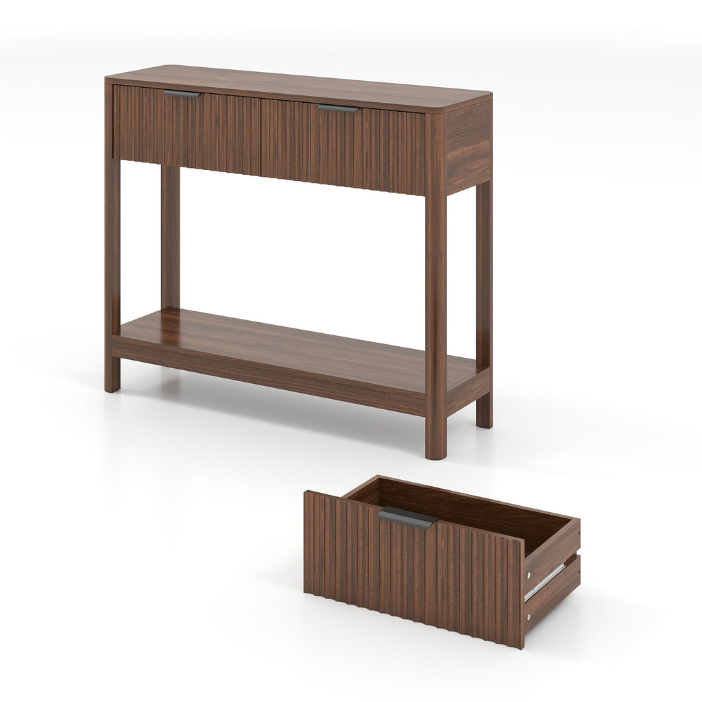 Entryway console table walnut grain finish detail