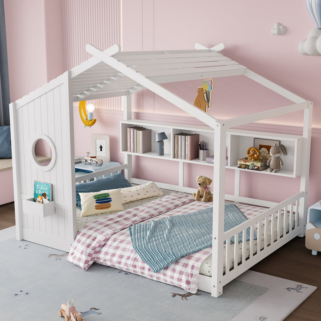 Full Size Floor House Bed for Toddler, Kids Montessori Bed with Storage Shelf, Playhouse Bed with Roof Design, Gray