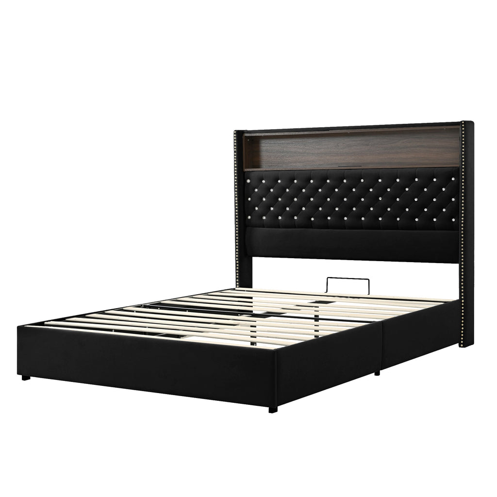 Queen Size Velvet Tufted Soft Bed Frame with USB Port and Night Light,52'' High Headboard with Rivet Decoration, Wing-back Platform Bed with Headboard Shelf, Beige