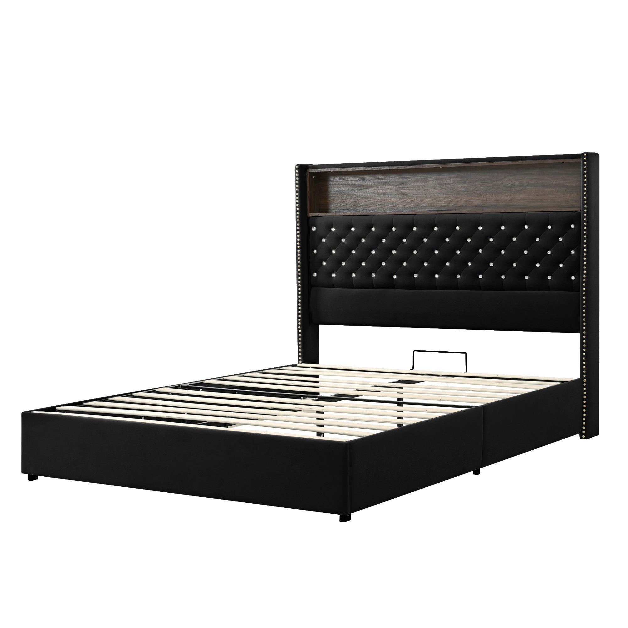 Queen Size Velvet Tufted Soft Bed Frame with USB Port and Night Light,52'' High Headboard with Rivet Decoration, Wing-back Platform Bed with Headboard Shelf, Beige