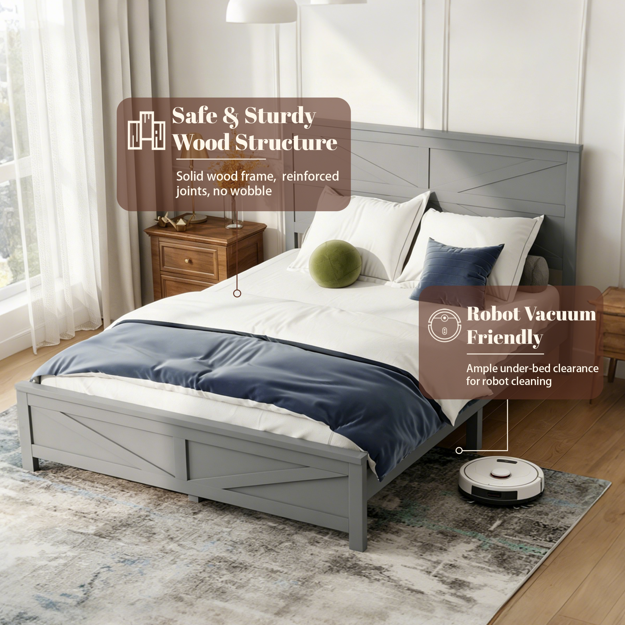 Farmhouse Style Queen Size Bed with Barn Door Designed Headboard and Footboard, Pinewood Bed with Strengthened Bed Frame ,White