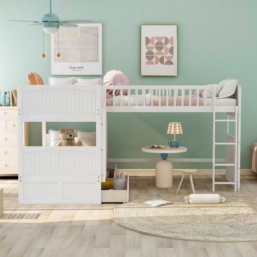 White loft bunk bed with open play or study space underneath