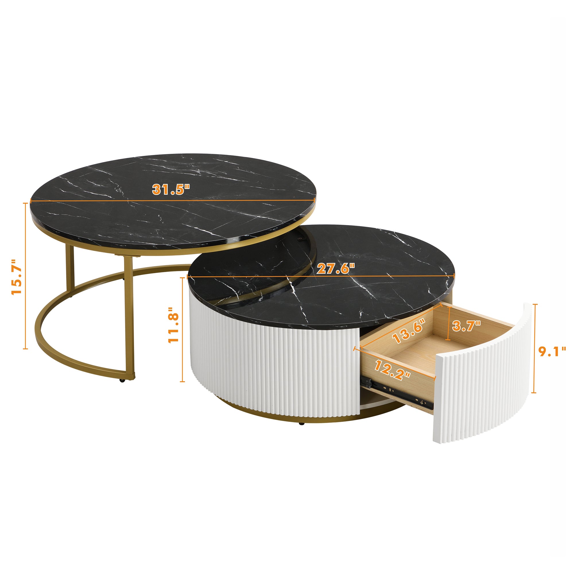 Fluted pedestal base detail on black nesting table