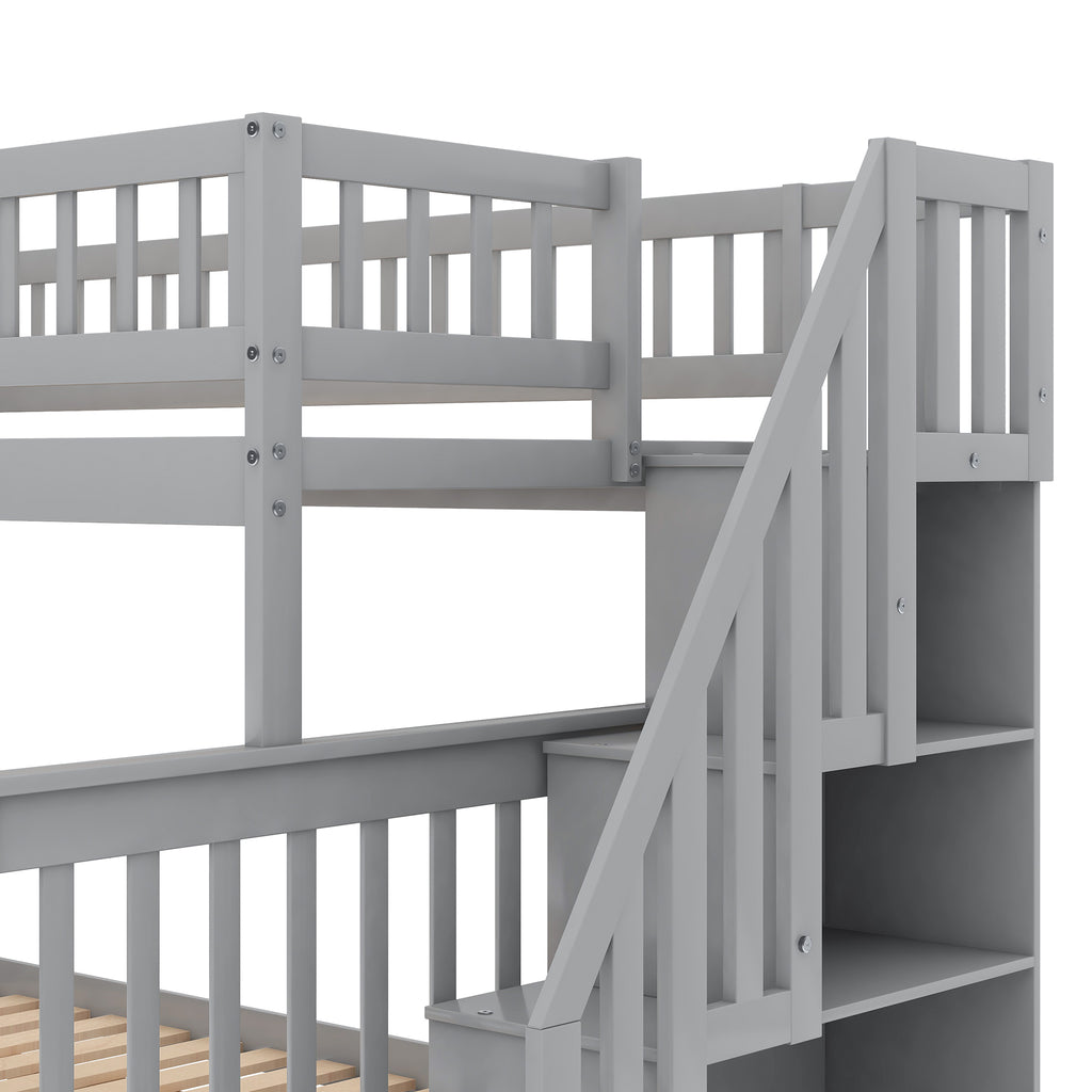 Gray twin over full stairway bunk bed with storage — product photo