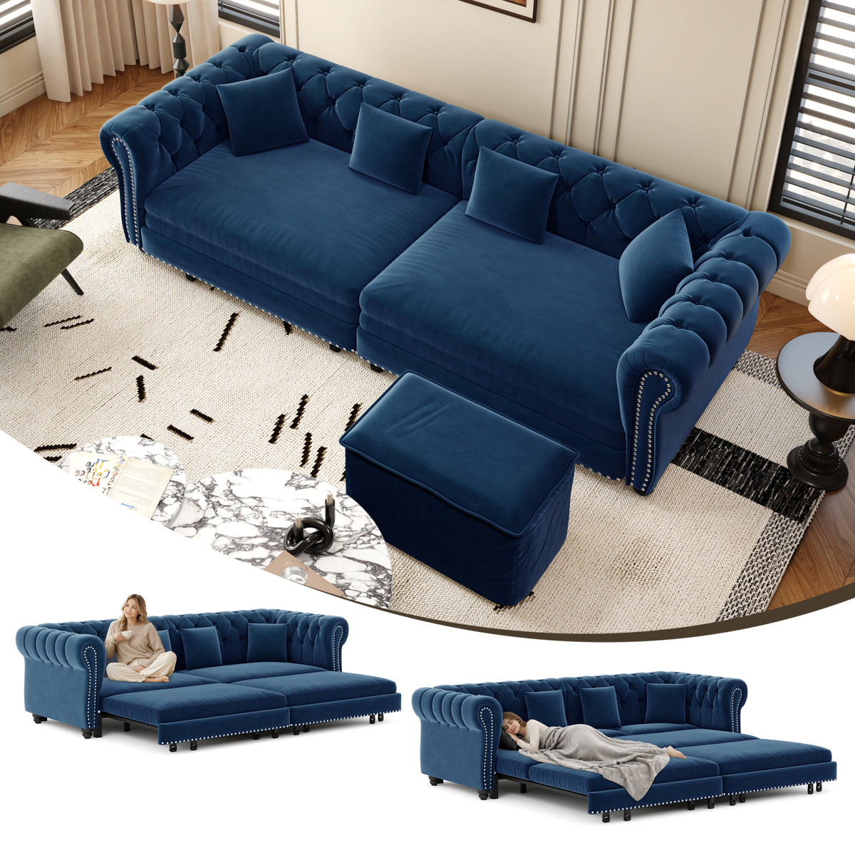 Chesterfield Sofa,89 ' W 3-in-1 Pull-Out Sofa Bed, Convertible Sleeper Sofa Bed,King Size Sofa Bed, Chaise Lounge,Velvet 3-Seater Sofa with Movable Ottoman, Blue(Old Sku:W1885S00443/W1885S00175)