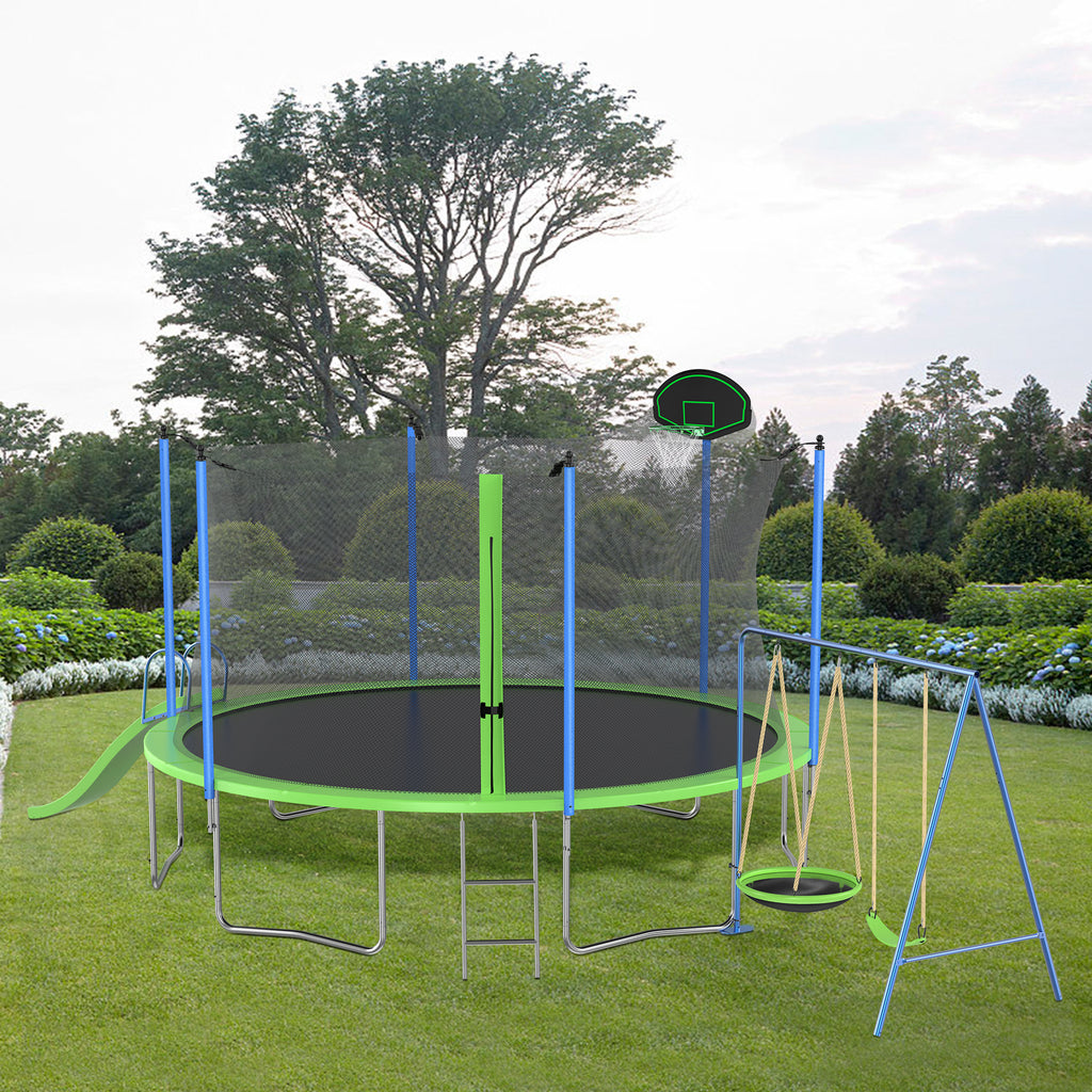 Trampoline combo set slide swing and hoop side view