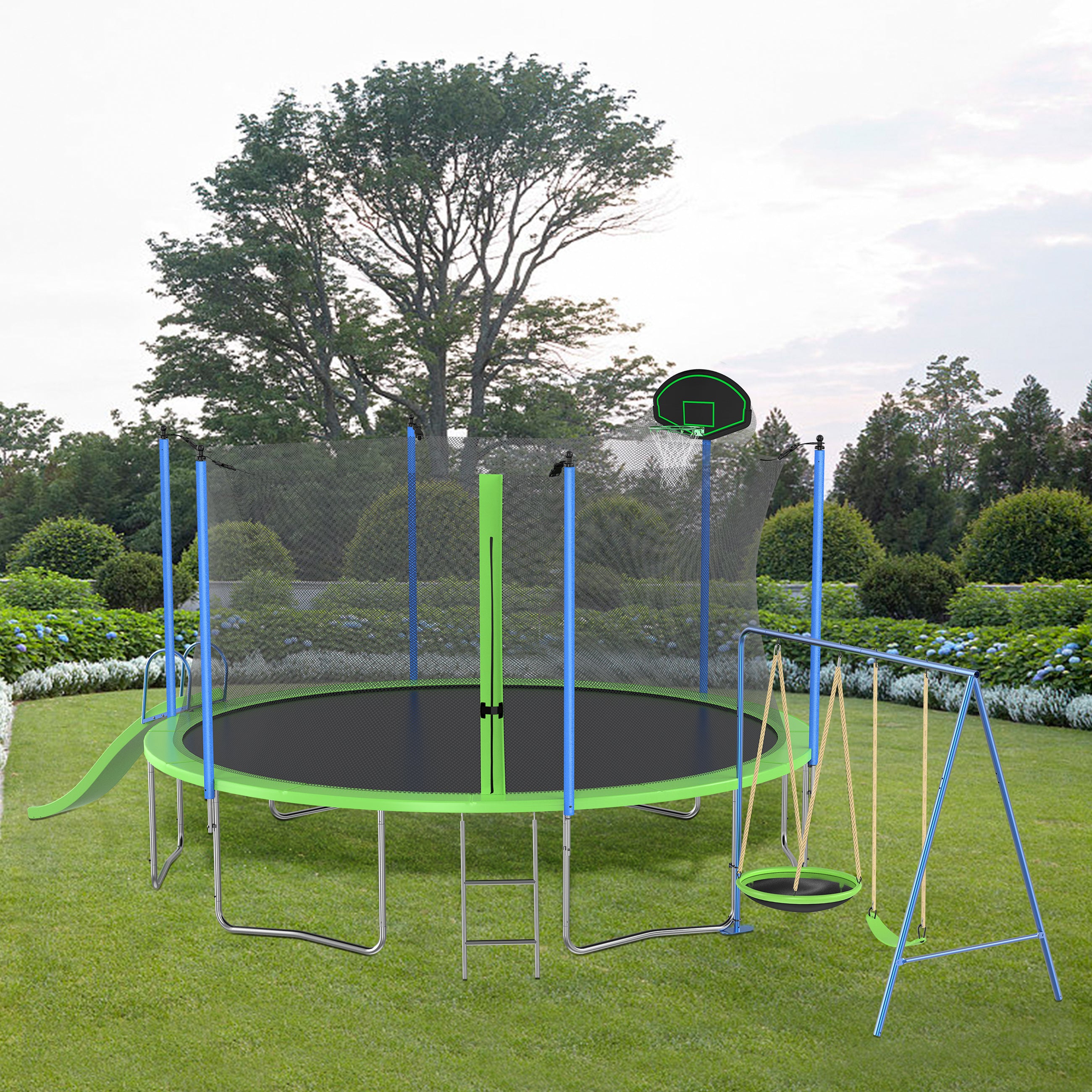 Trampoline combo set slide swing and hoop side view