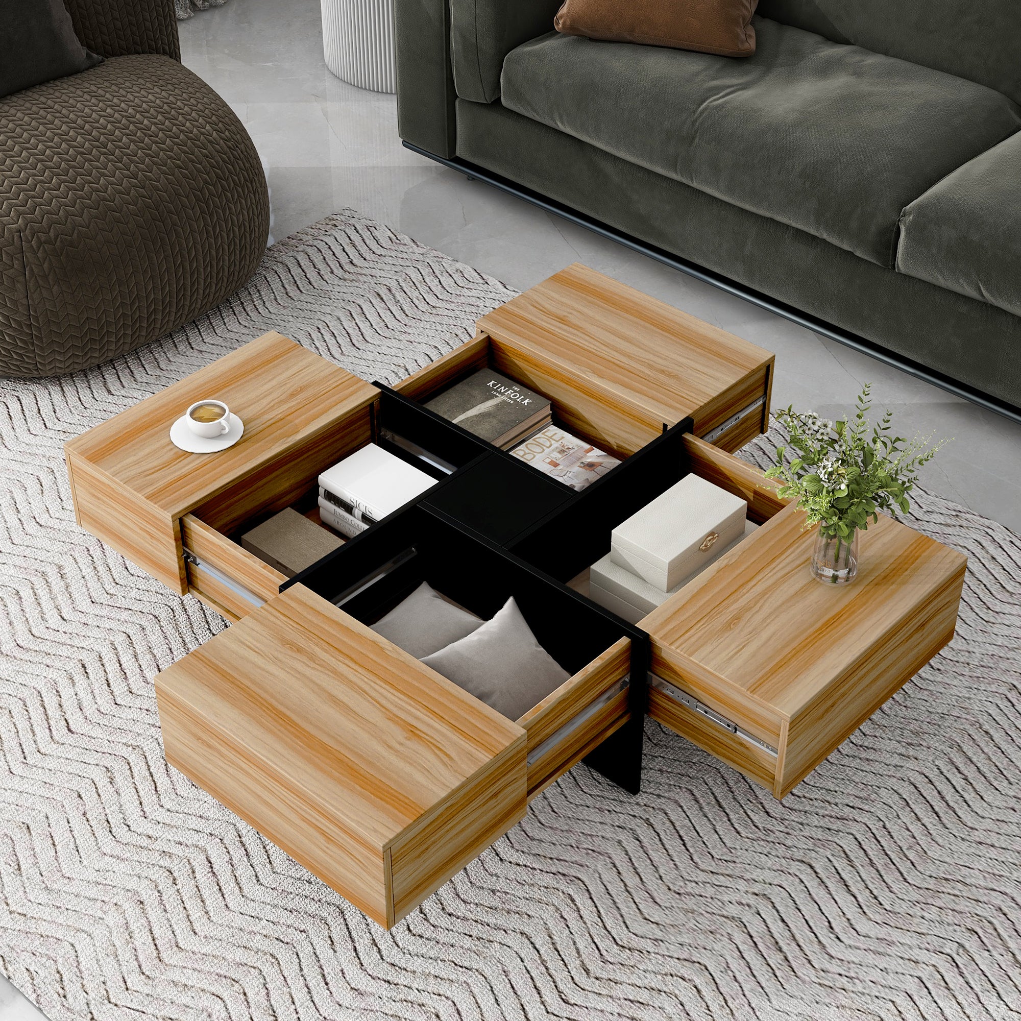 Square sliding top coffee table hidden storage — angle view