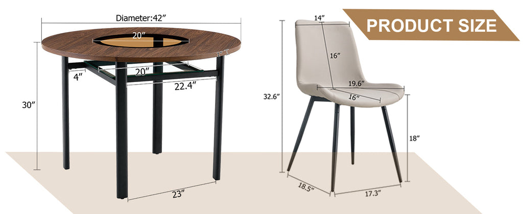 Table and chair set.42 inch modern minimalist brown wood grain round dining table set.Paired with 6 Black Artificial PU Chairs With Curved Widened Cushion Design. Suitable for dining rooms,office,etc.