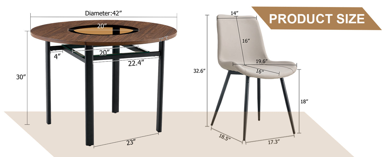 Table and chair set.42 inch modern minimalist brown wood grain round dining table set.Paired with 6 Black Artificial PU Chairs With Curved Widened Cushion Design. Suitable for dining rooms,office,etc.
