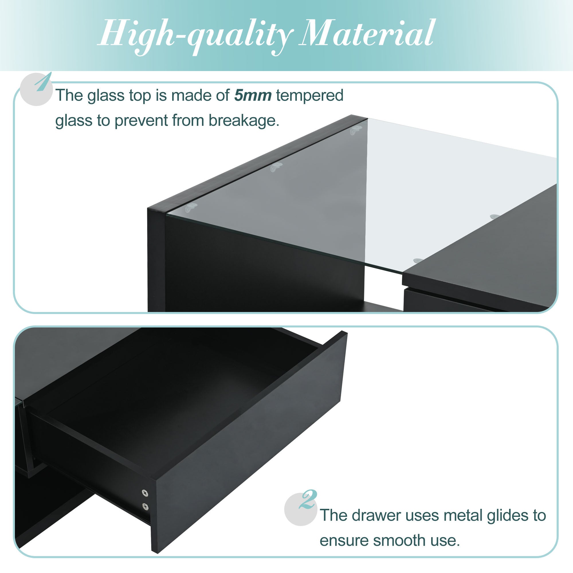 Black coffee table open shelf under glass storage