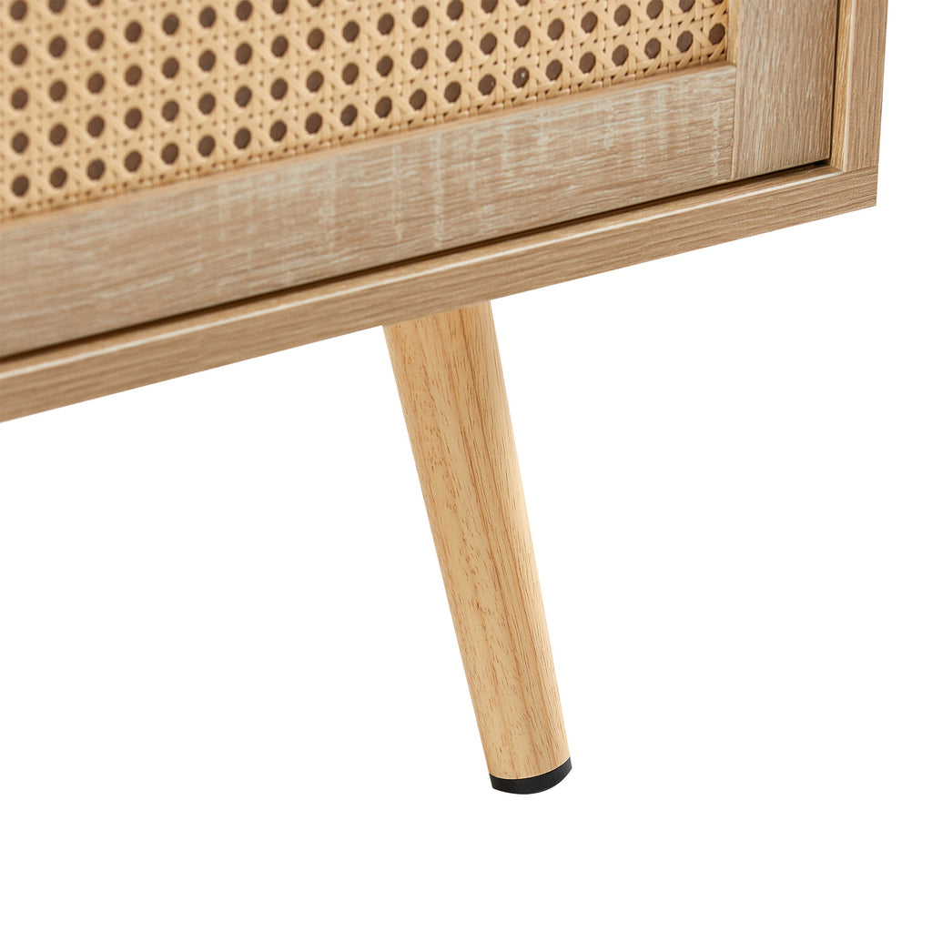 Rattan Coffee Table — Sliding Door Storage & Solid Wood Legs