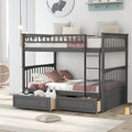 Gray full-over-full bunk bed with drawers — front view
