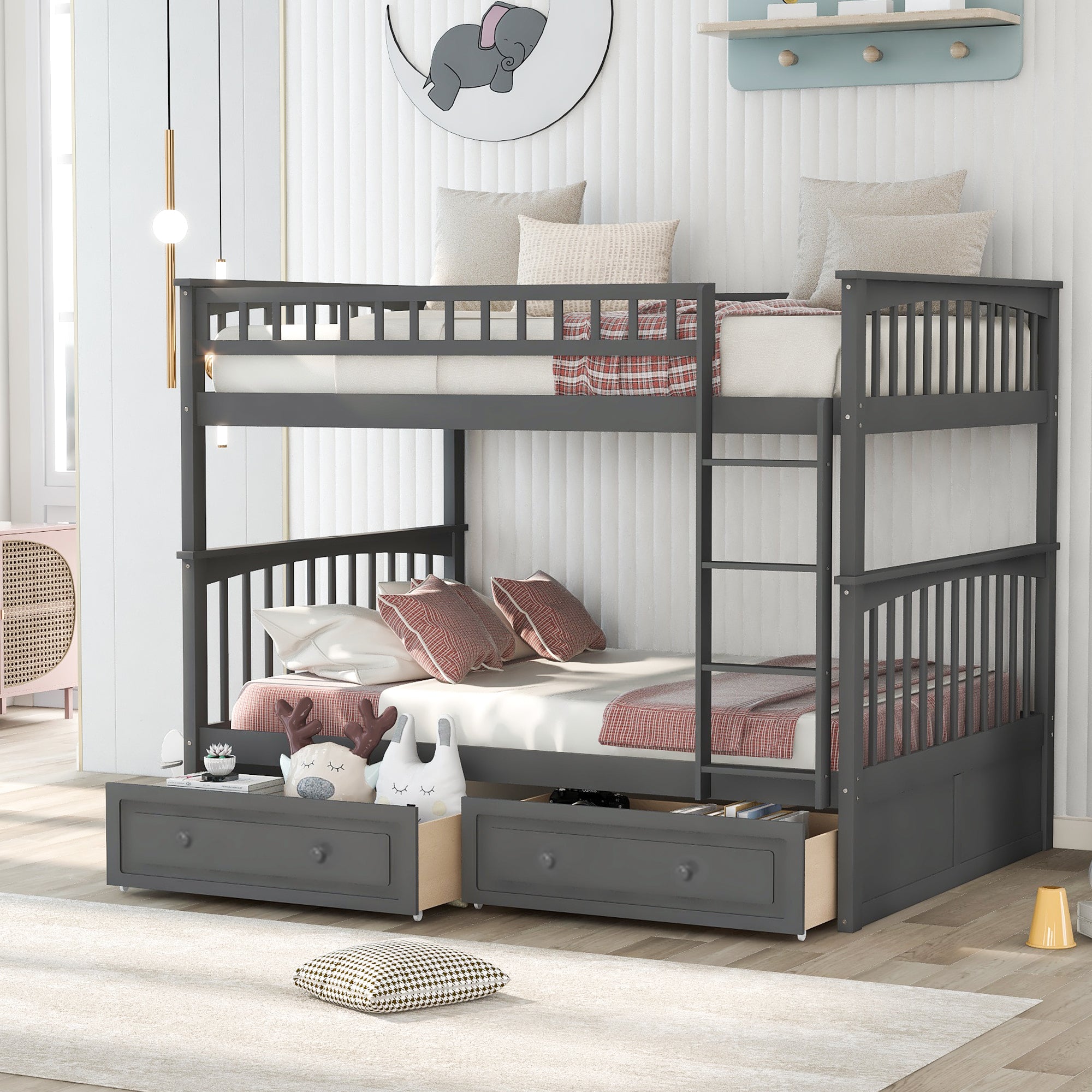 Gray full-over-full bunk bed with drawers — front view