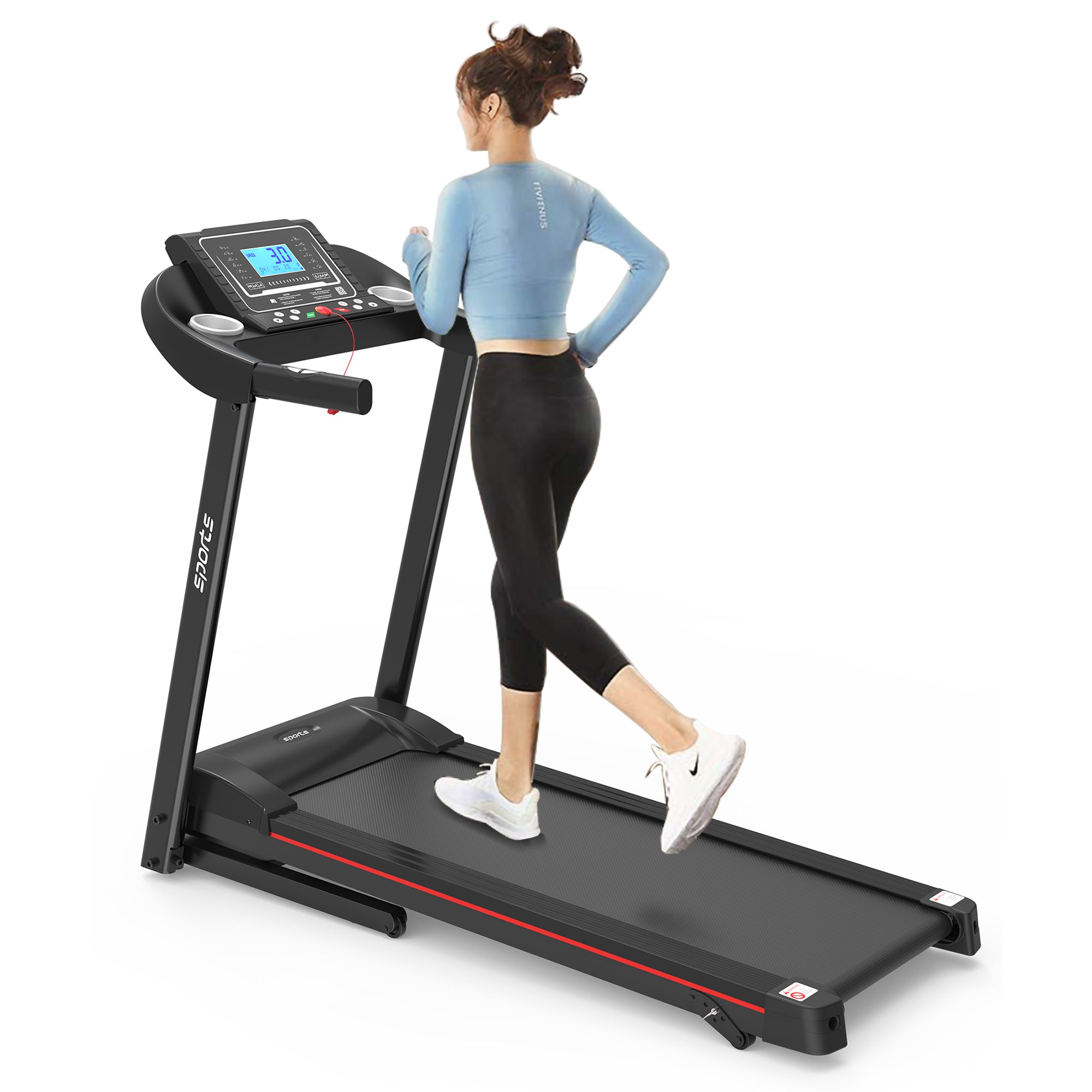 Black electric treadmill running deck and side rails detail