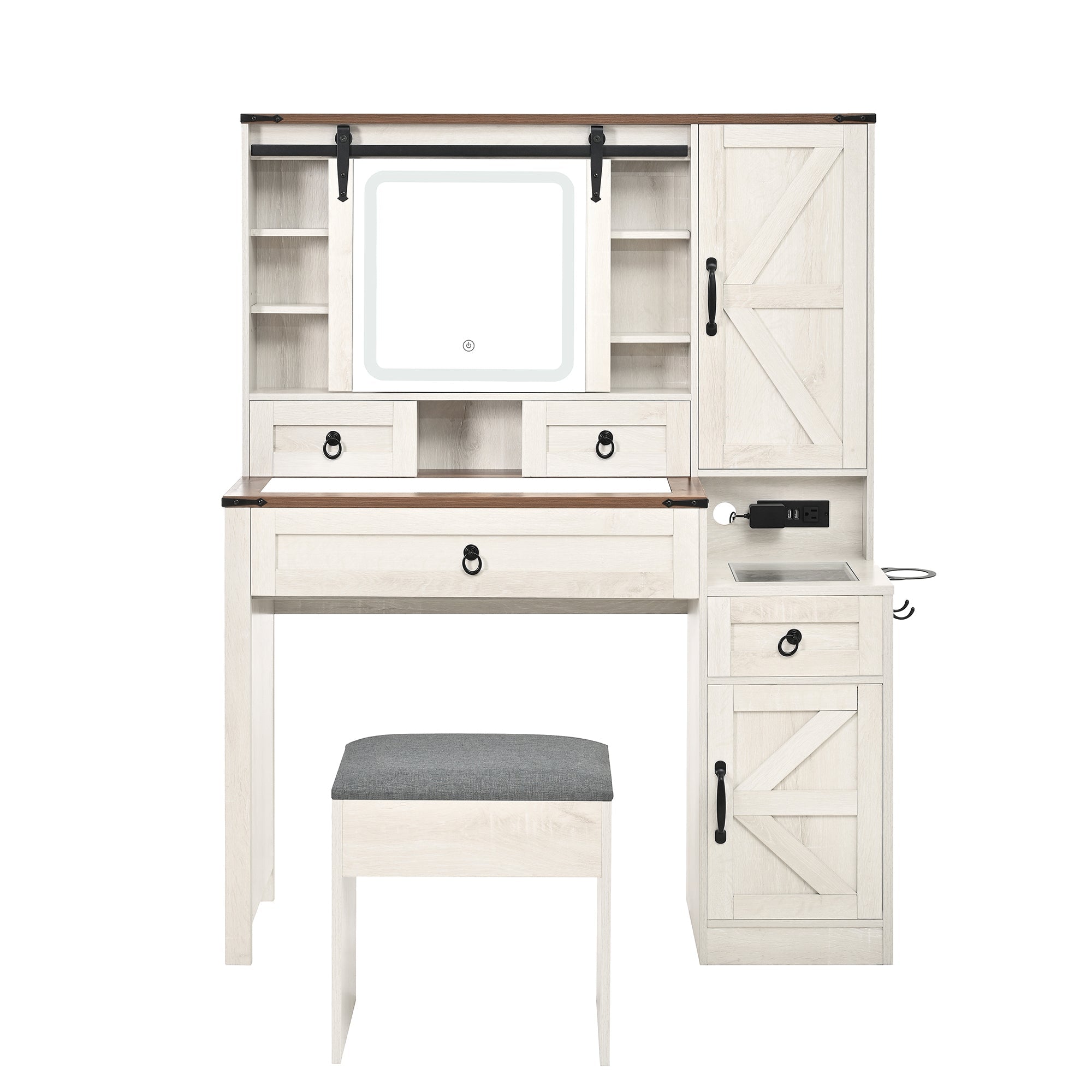 Farmhouse Vanity Desk with Sliding Mirror and Lights, Vanity Set with Glass Top and Charging Station ,Dressing Table with 4 Drawers and 2 Cabinets, Dressing Table with Stool for Bedroom, Gray