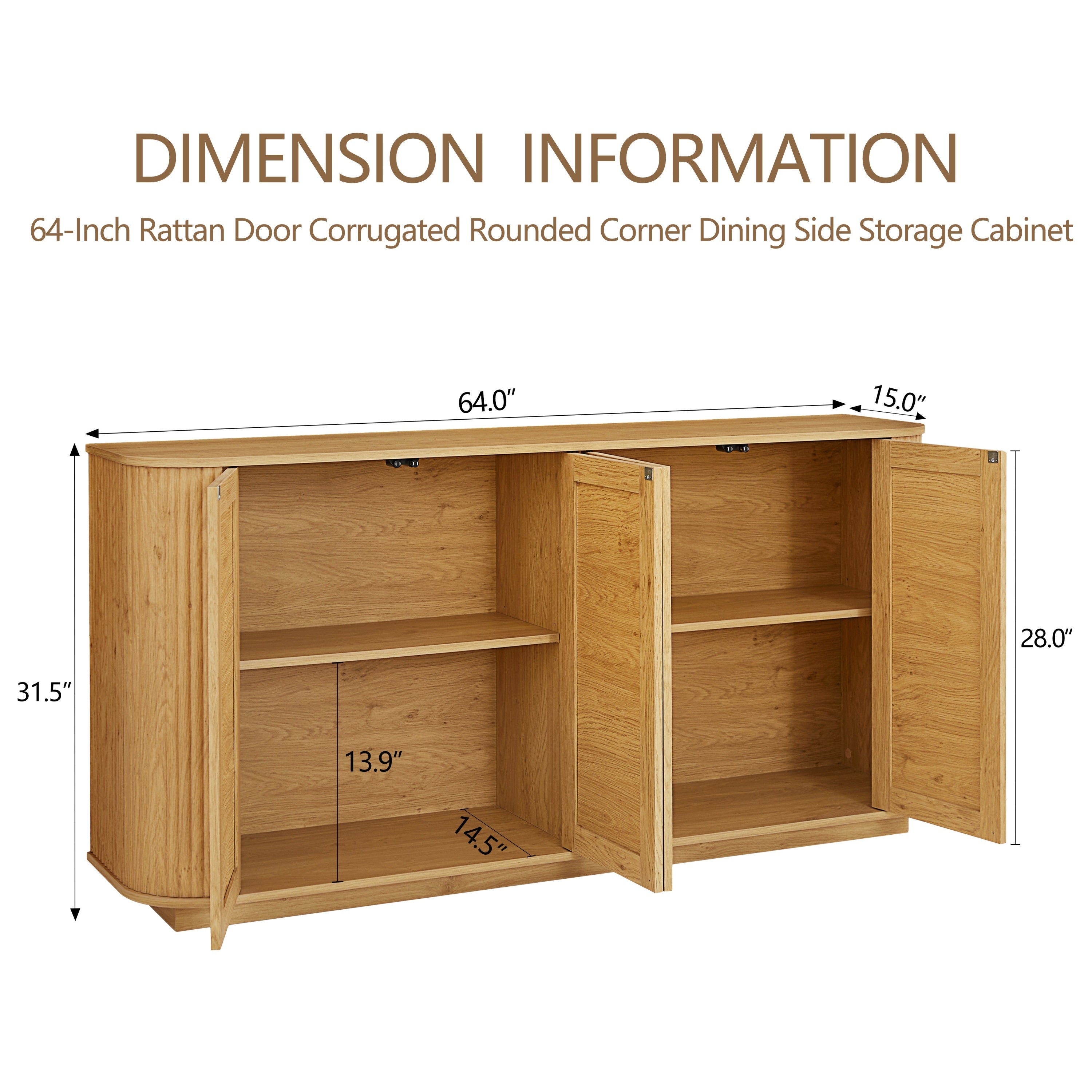 Wave-shaped media console with rattan cabinet doors
