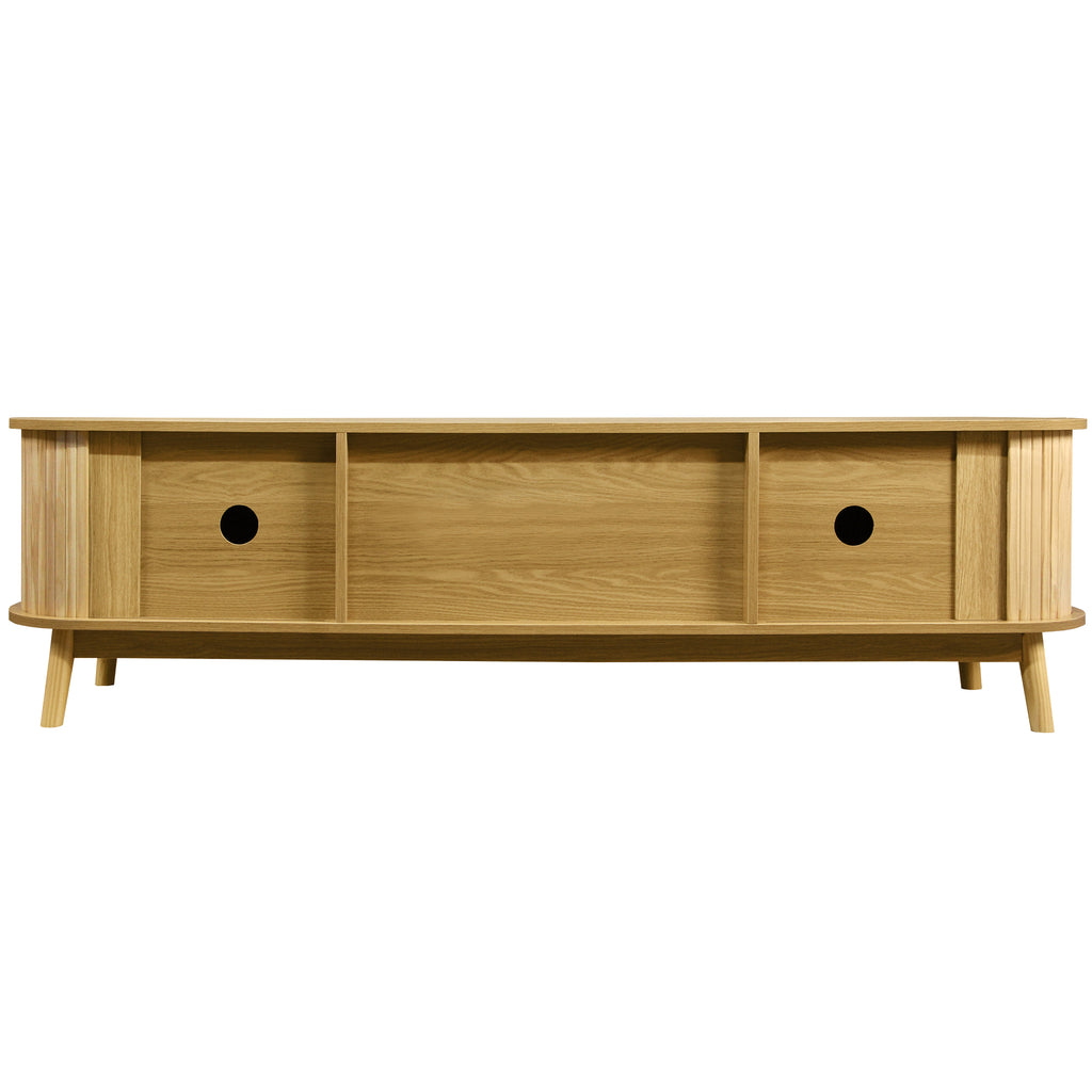 Rattan and wood media console tabletop view