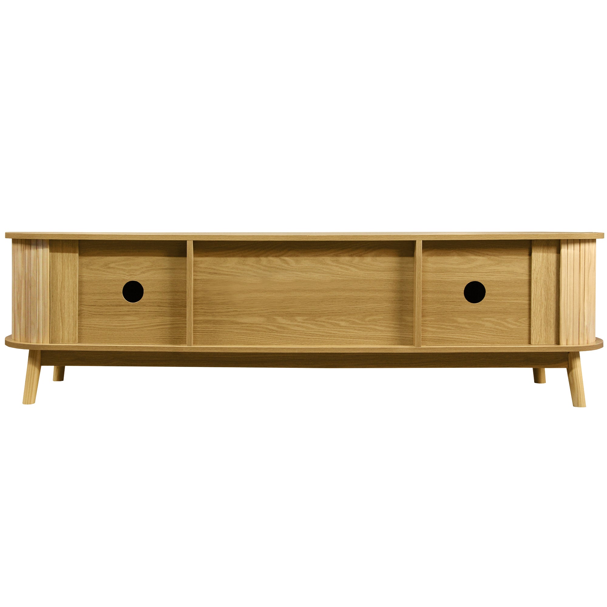 Rattan and wood media console tabletop view