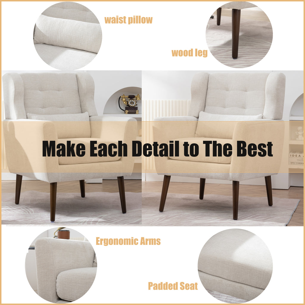 Beige accent chair rubberwood leg and frame detail