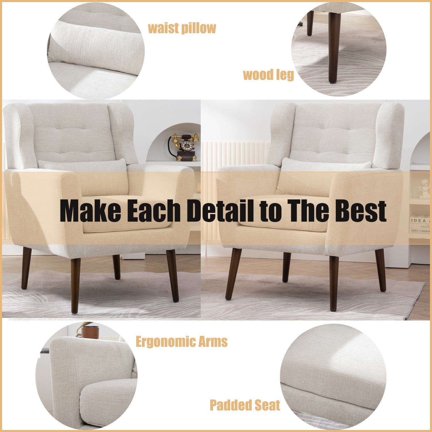 Beige accent chair rubberwood leg and frame detail