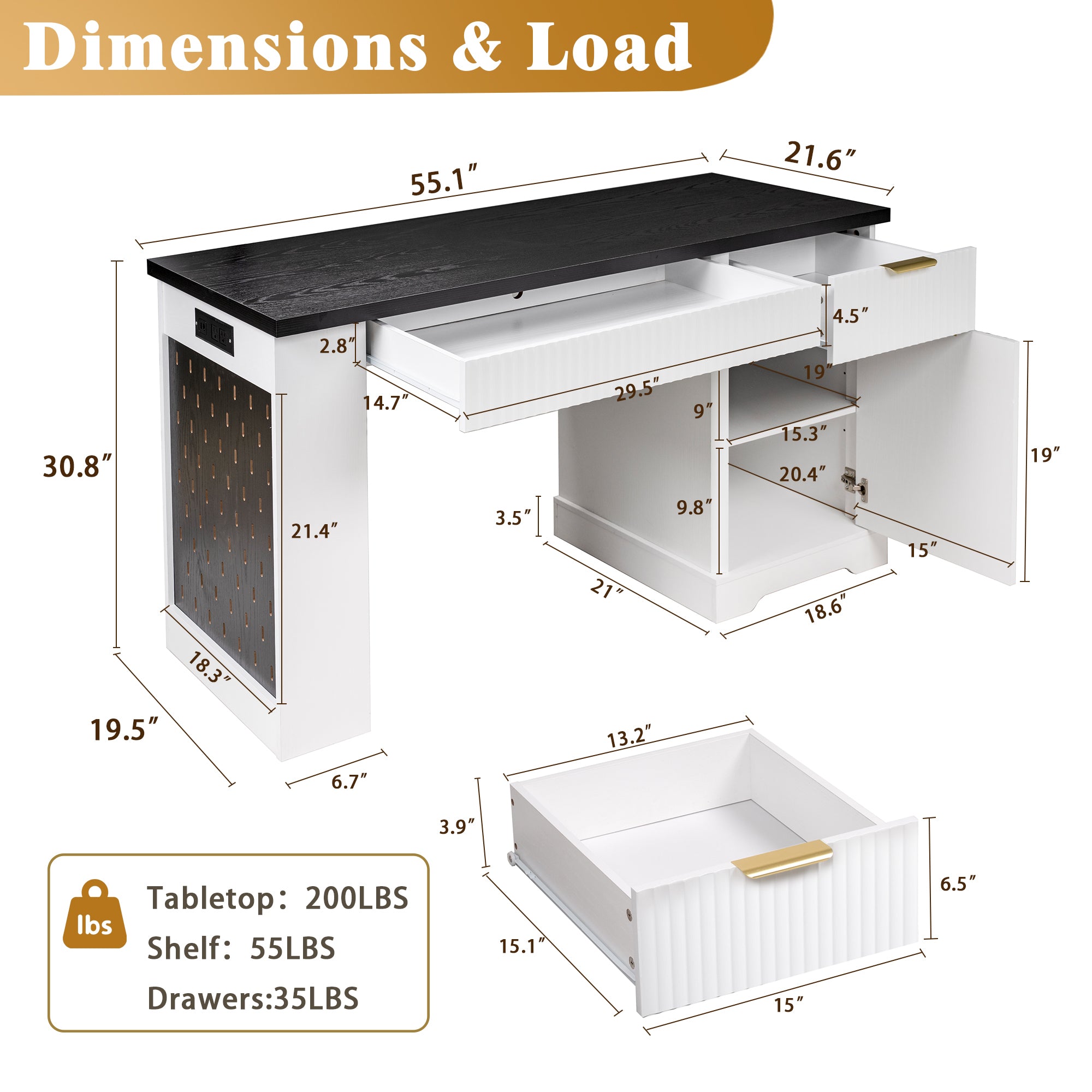 White fluted desk with side pegboard and built-in open shelving