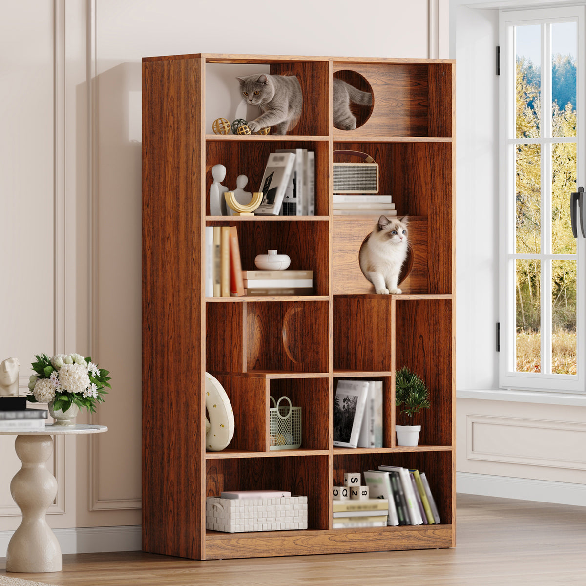 Modern 2 IN 1 Wood Bookshelf Cat House, Cat Tree Display Case with Storage, Cat Litter Box Enclosure Climbing Shelf - BROWN
