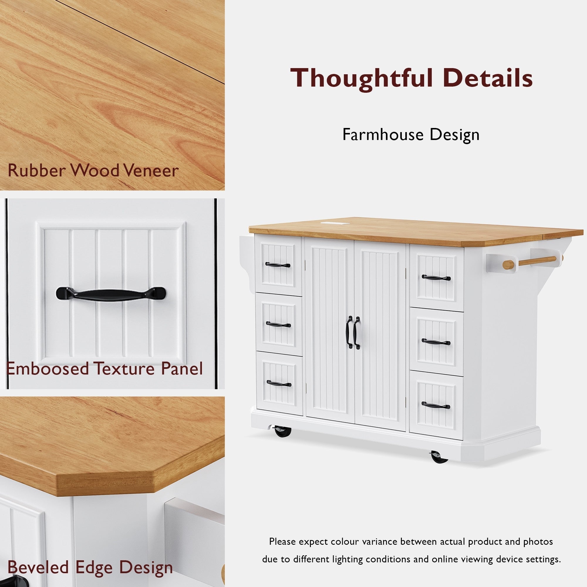 K&K 56 inch Kitchen Island with Rubber Wood Veneer Drop Leaf, Power Outlet, 4 Door Shelves, Embossed Vertical Stripe Rolling Kitchen Cart on 4 Wheels with 6 Deep Drawers for Kitchen, Dining Room,Black