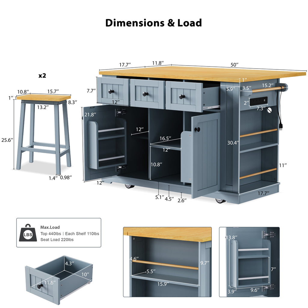 K&K 53inch Large Kitchen Island with 2 Bar Stools, Power Outlet,Door Internal Storage Rack, Kitchen Storage Cart on 5 Wheels with Drop Leaf, 5 Open Side Racks, 3 Drawers,Black (Three Packages)
