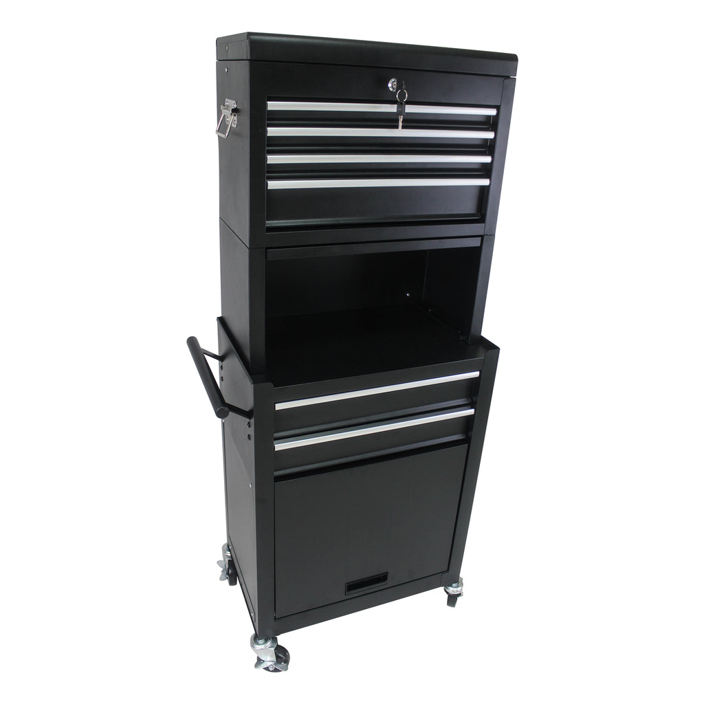 Four universal casters with parking brakes on tool cabinet base