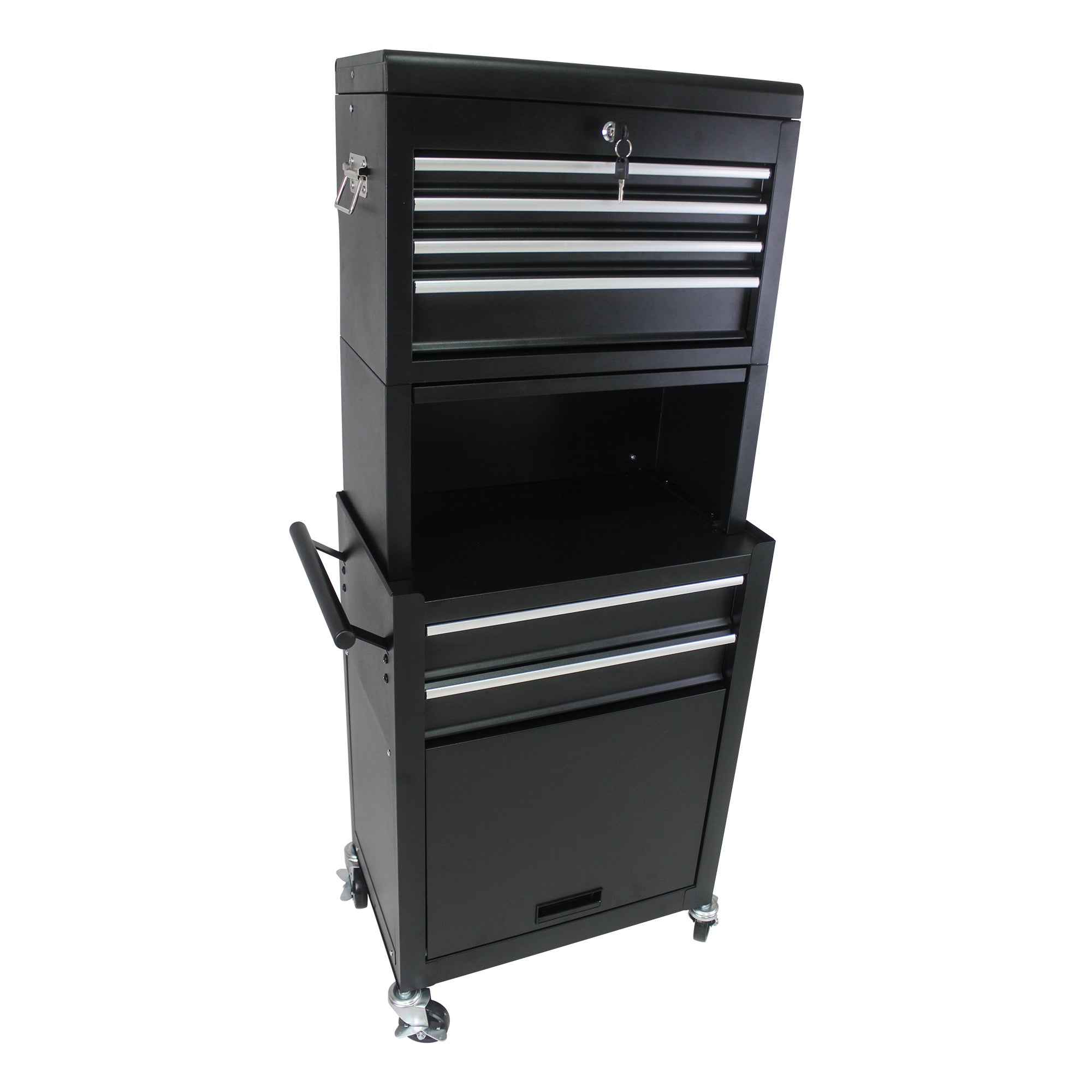 Four universal casters with parking brakes on tool cabinet base