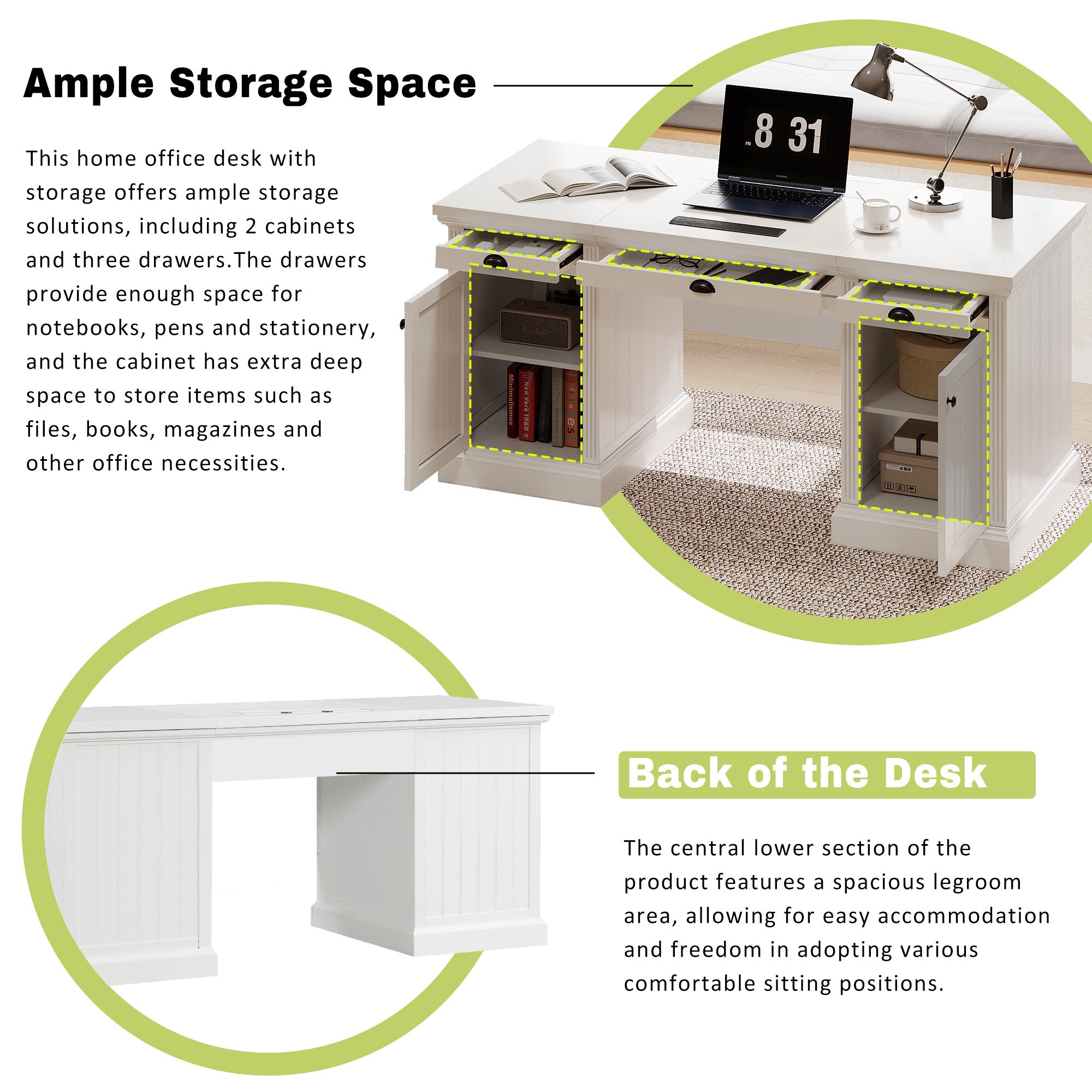 Executive desk three-drawer storage stack close-up