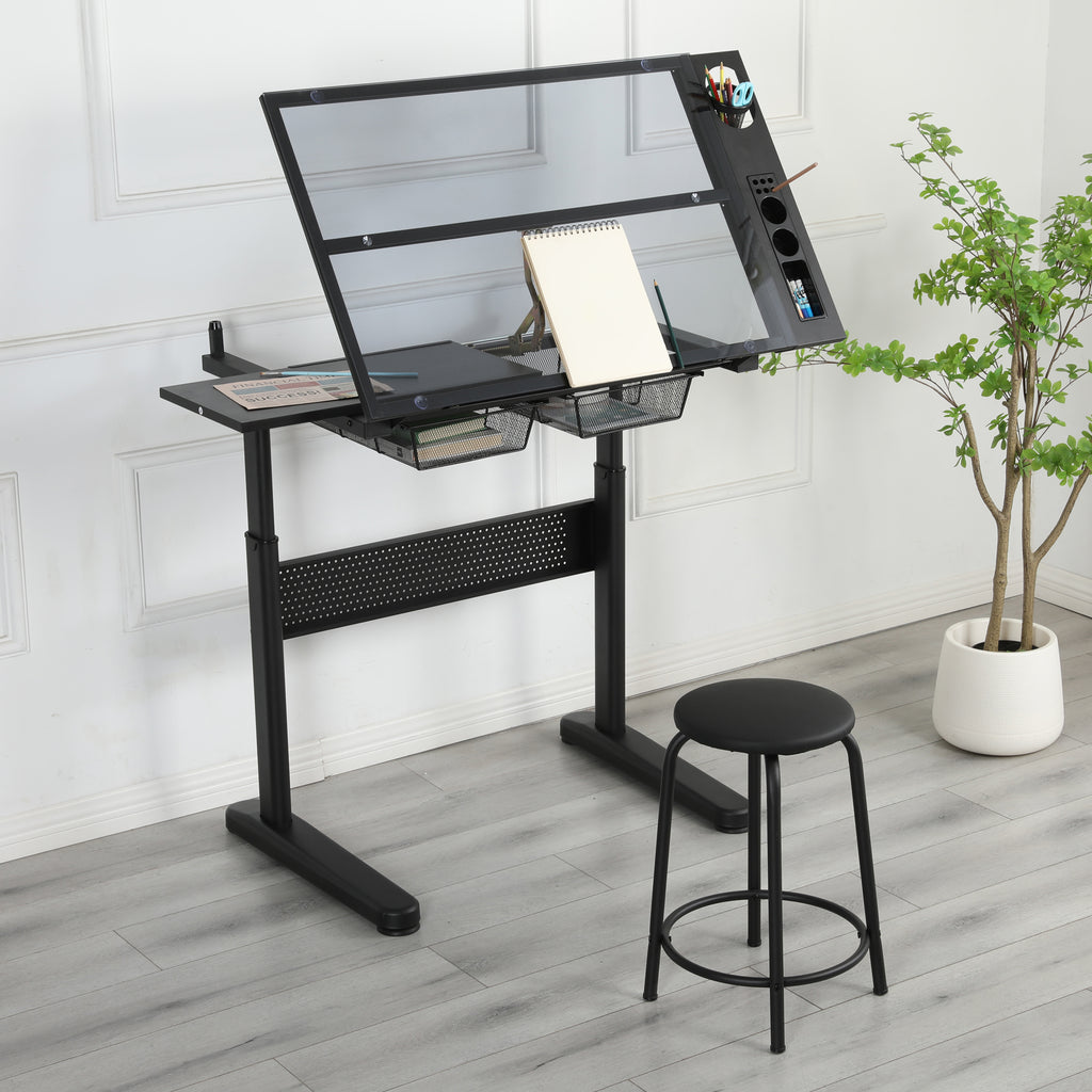 Two metal drawers underneath black drafting desk